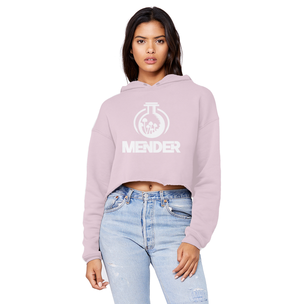 Mender Official Logo - white Unisex Cropped Raw Edge Boyfriend Hoodie