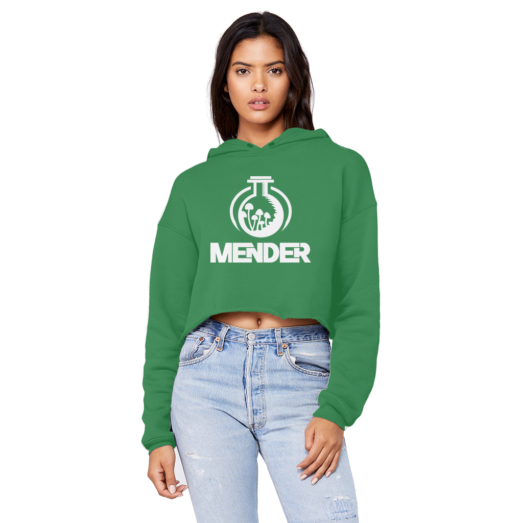 Mender Official Logo - white Unisex Cropped Raw Edge Boyfriend Hoodie