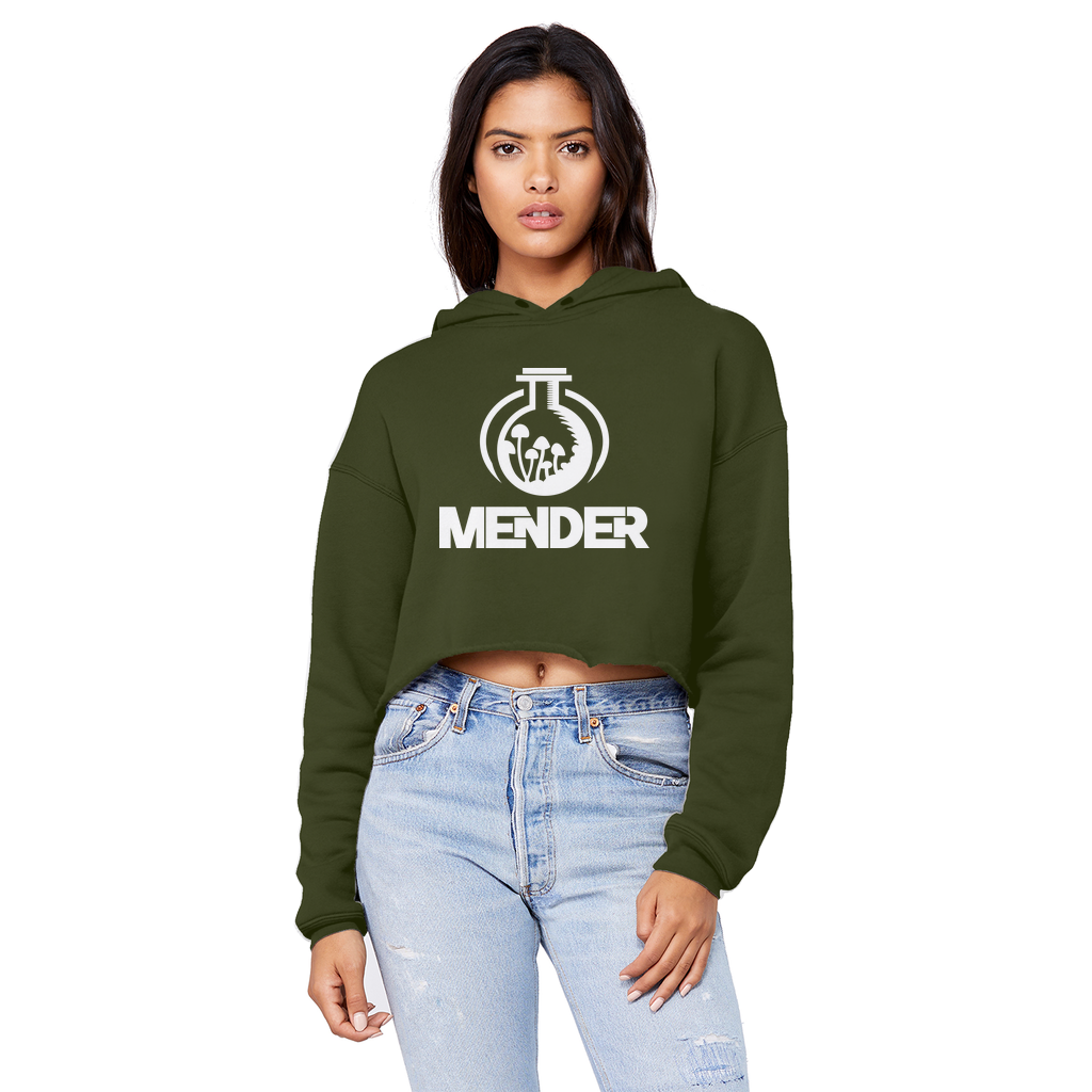 Mender Official Logo - white Unisex Cropped Raw Edge Boyfriend Hoodie