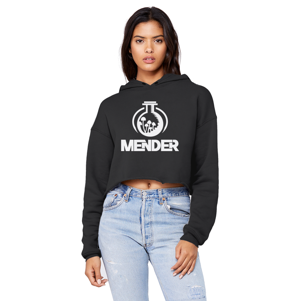 Mender Official Logo - white Unisex Cropped Raw Edge Boyfriend Hoodie