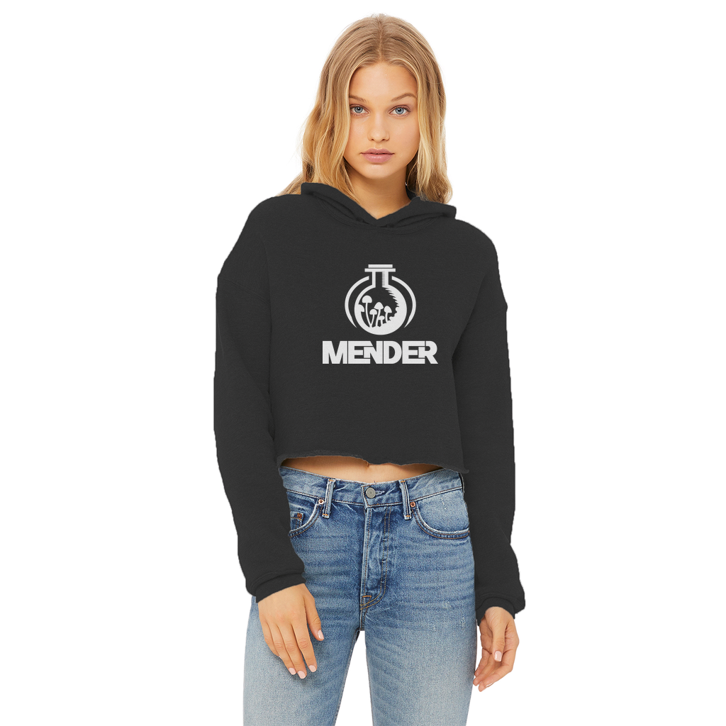 Mender Logo Icon - white Ladies Cropped Raw Edge Hoodie