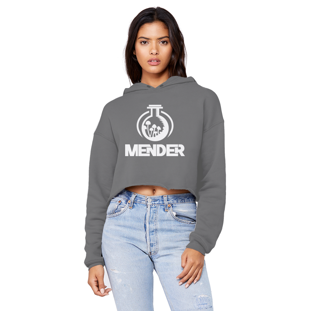Mender Official Logo - white Unisex Cropped Raw Edge Boyfriend Hoodie