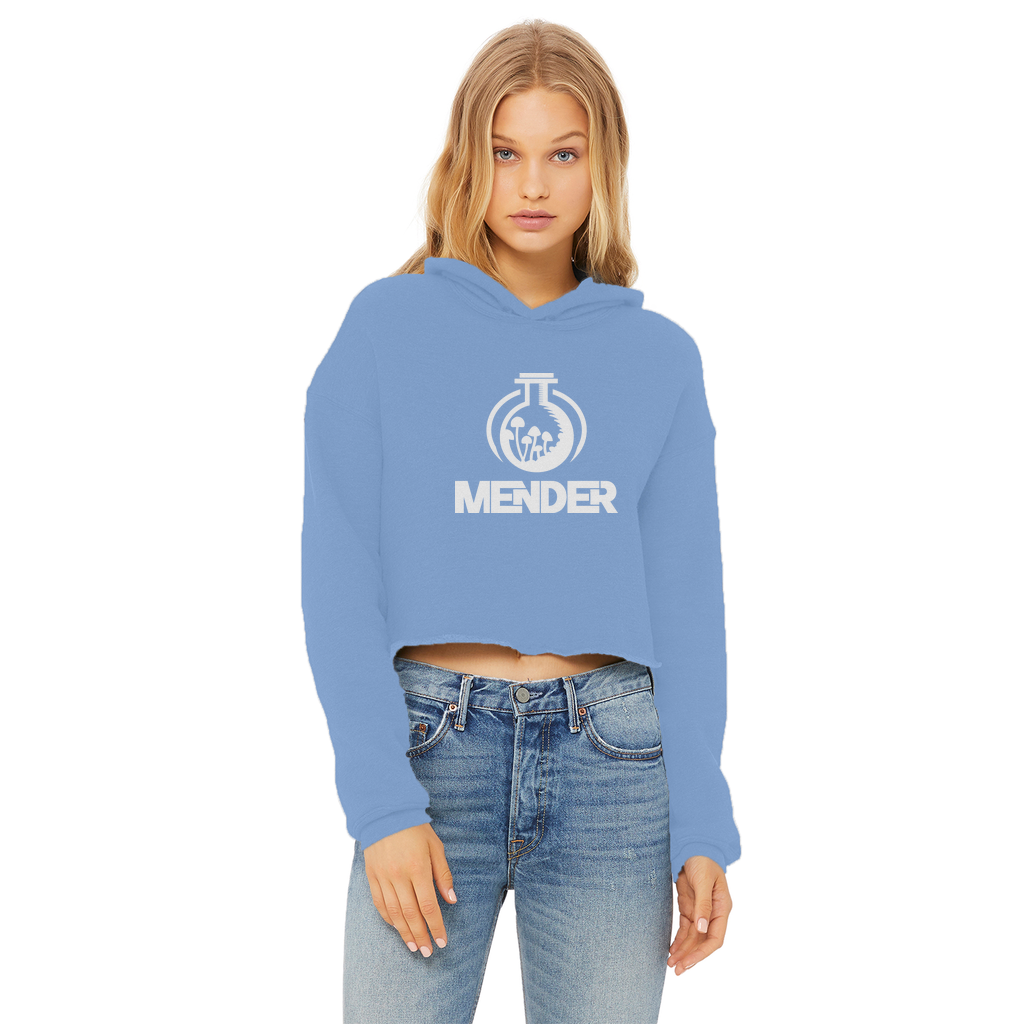Mender Logo Icon - white Ladies Cropped Raw Edge Hoodie