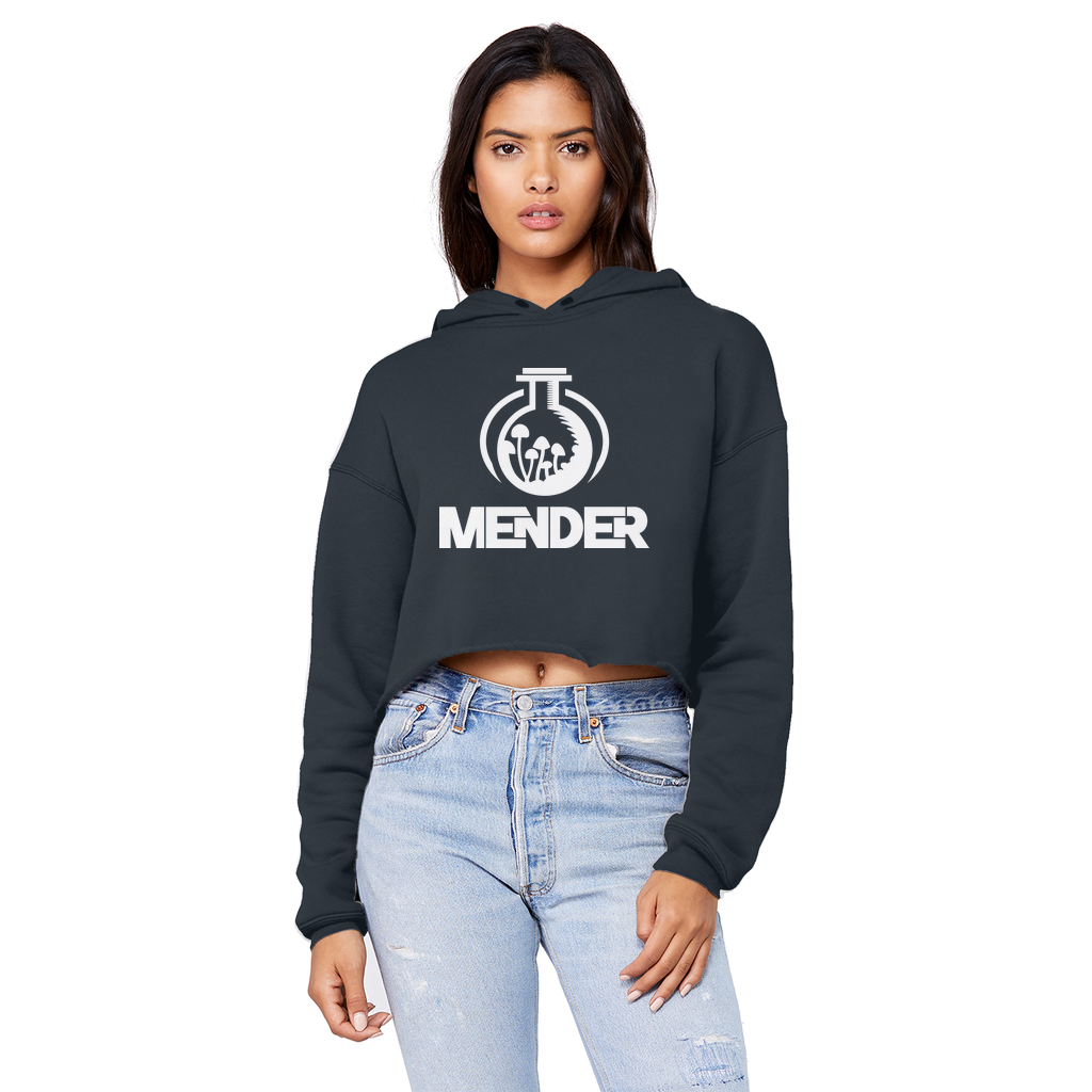 Mender Official Logo - white Unisex Cropped Raw Edge Boyfriend Hoodie