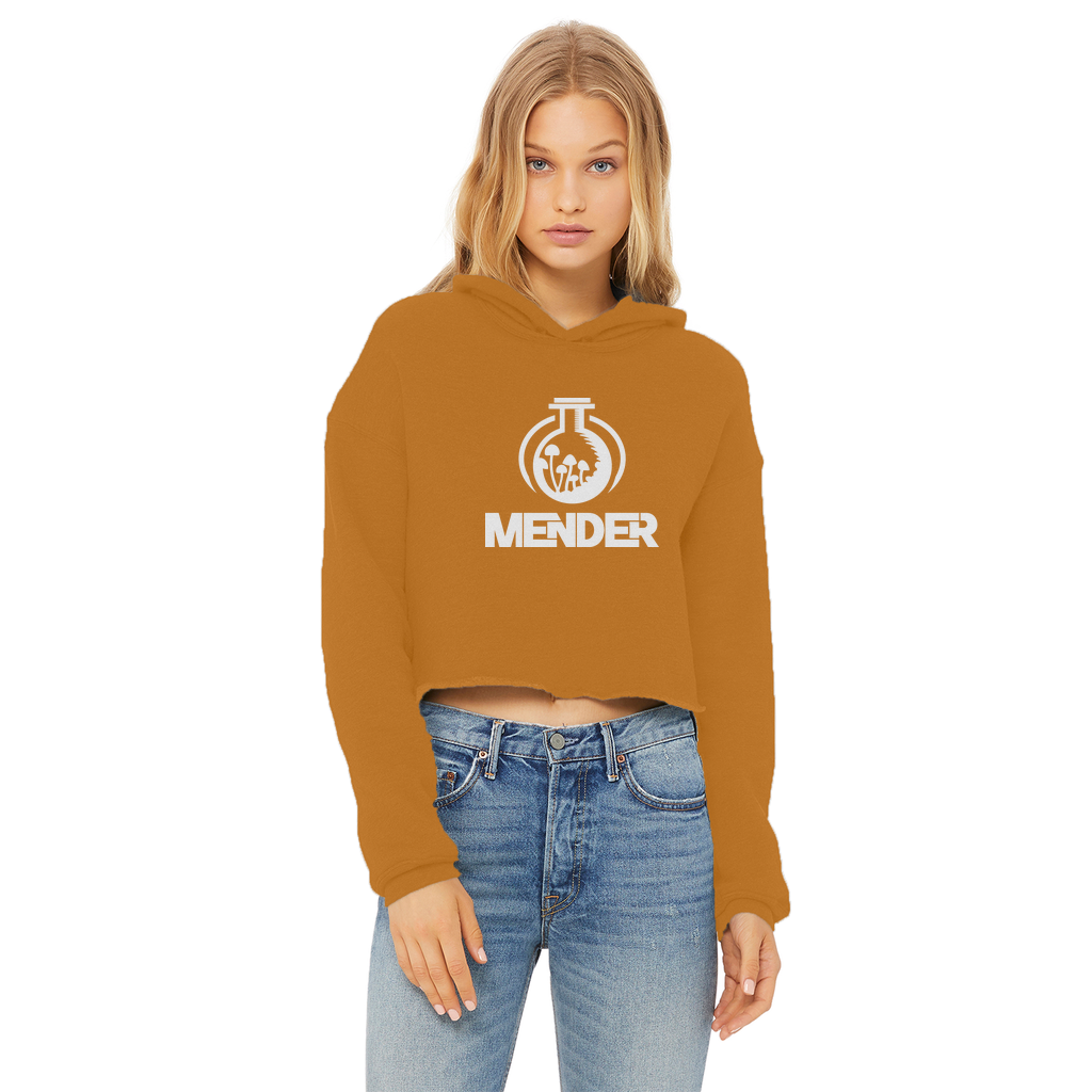 Mender Logo Icon - white Ladies Cropped Raw Edge Hoodie