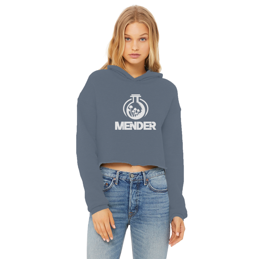 Mender Logo Icon - white Ladies Cropped Raw Edge Hoodie