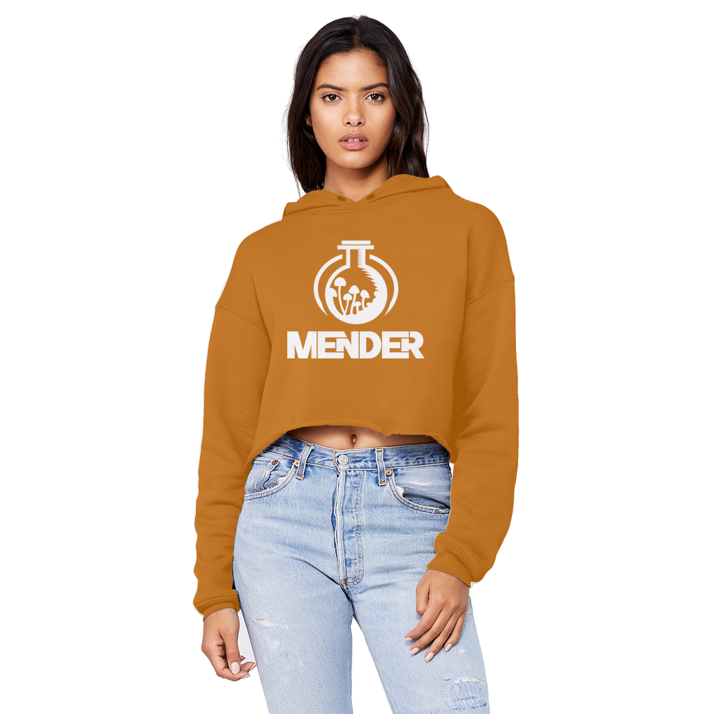 Mender Official Logo - white Unisex Cropped Raw Edge Boyfriend Hoodie