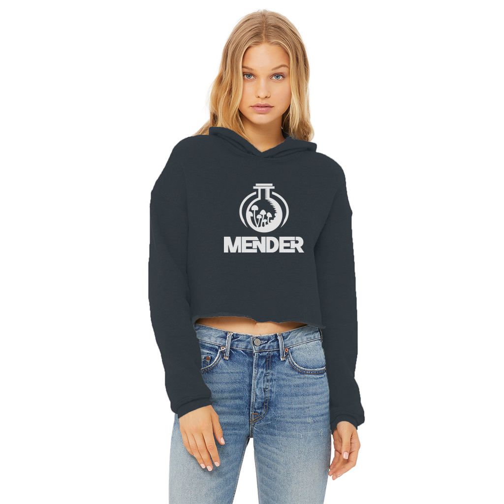 Mender Logo Icon - white Ladies Cropped Raw Edge Hoodie