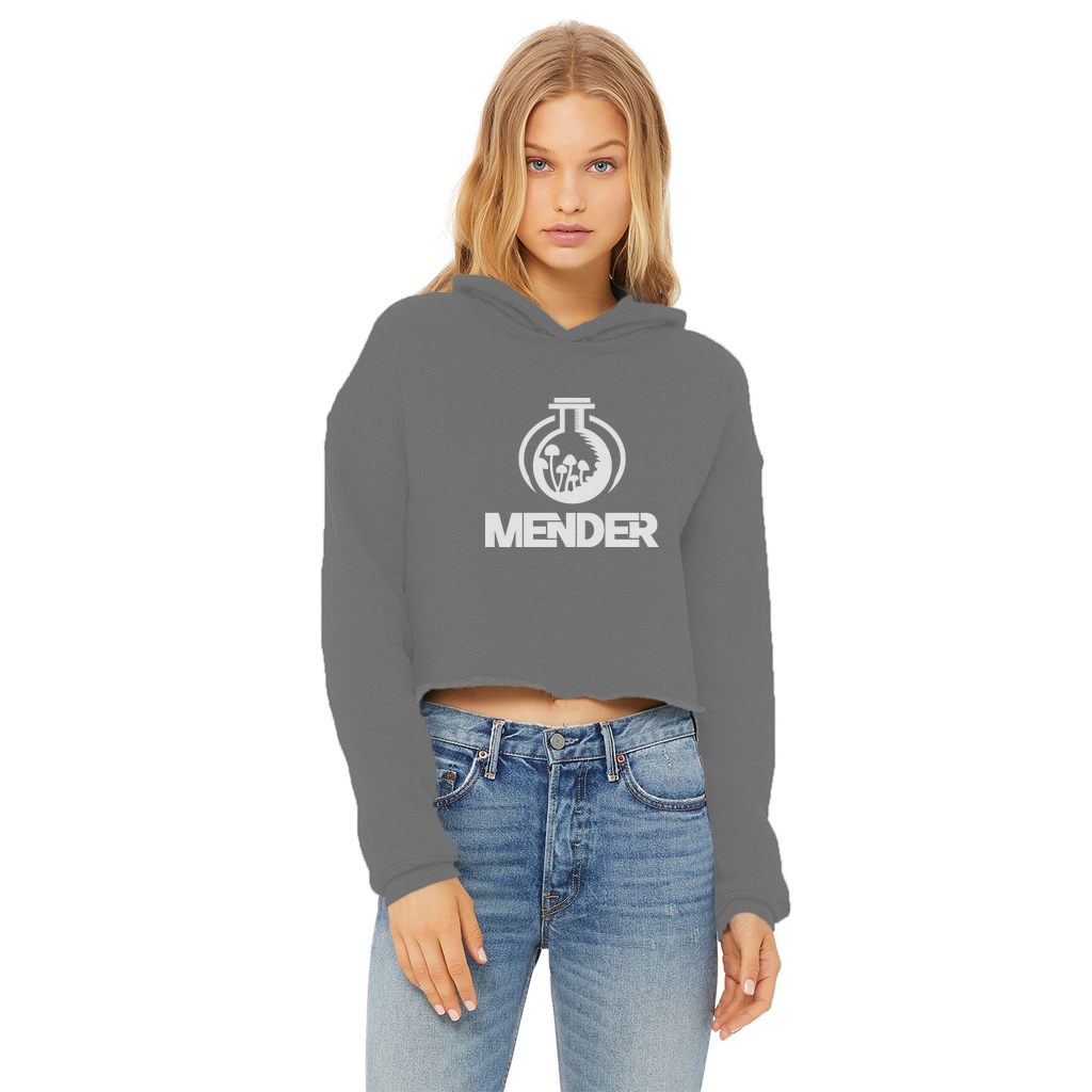 Mender Logo Icon - white Ladies Cropped Raw Edge Hoodie